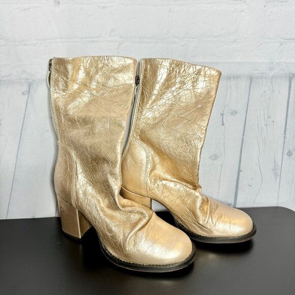 NEW Free People metallic gold crackle leather slouchy tall heel boots size 37 - Picture 5 of 13